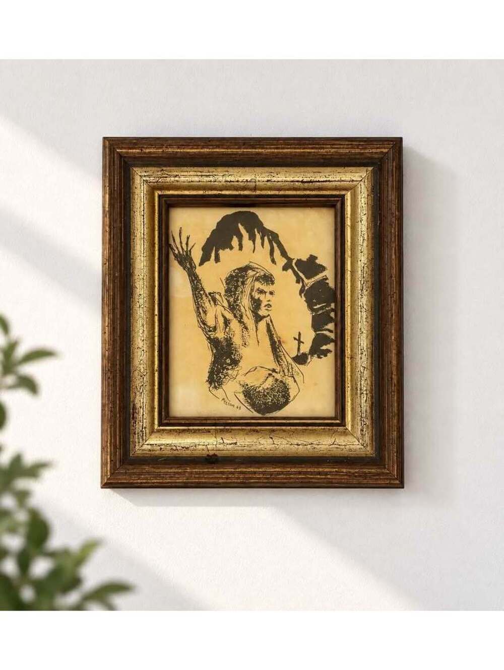 Vintage Preston 68 Signed Figurative Art Italy Gold Wood Frame 7.5x6.5
